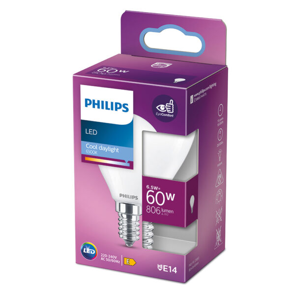 BOMBILLA ESFERICA LED E14 6,5W 806lm 6500K LUZ FRIA Ø4,5x8cm PHILIPS