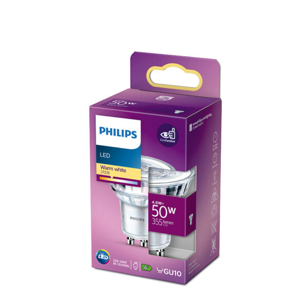 BOMBILLA GU10 LED 4,6W 390lm 2700K LUZ CALIDA Ø5x5,4cm PHILIPS