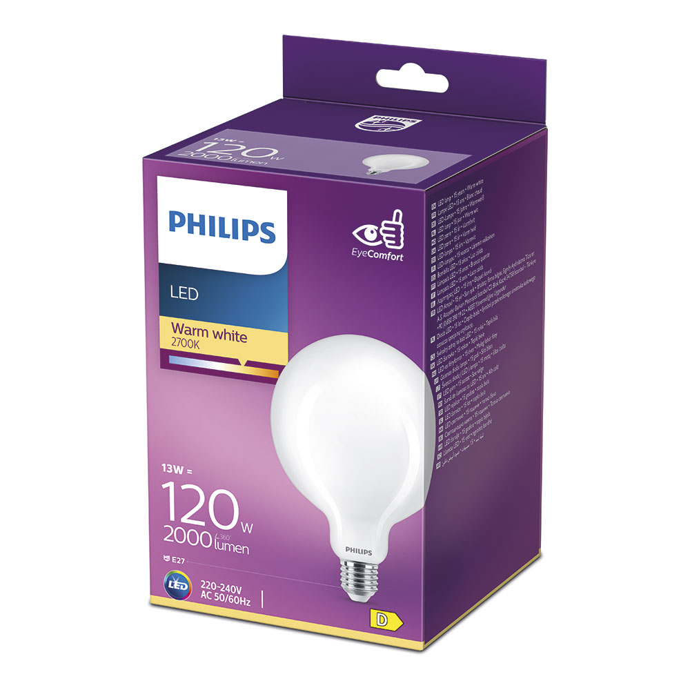 BOMBILLA GLOBO LED E27 13W 2000lm 2700K LUZ CALIDA Ø12,4x17,7cm PHILIPS