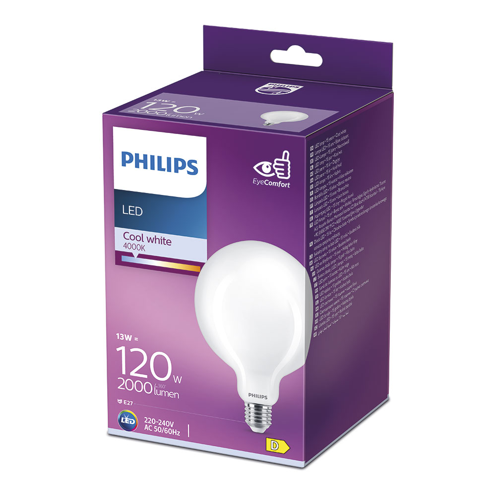 BOMBILLA GLOBO LED E27 13W 2000lm 4000K LUZ DIA Ø12,4x17,7cm PHILIPS