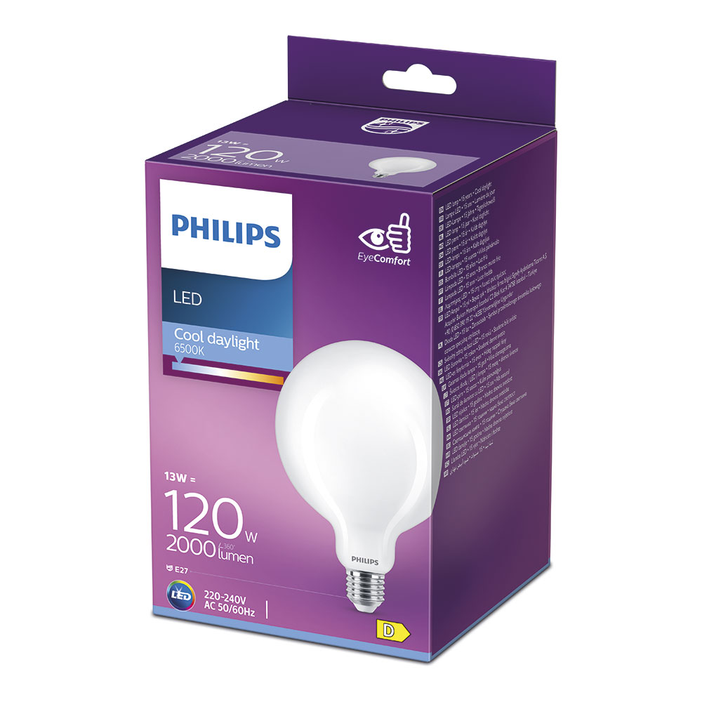 BOMBILLA GLOBO LED E27 13W 2000lm 6500K LUZ FRÍA Ø12,4x17,7cm PHILIPS