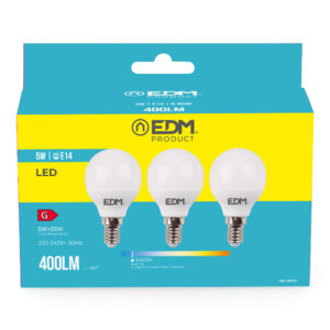 KIT 3 BOMBILLAS ESFERICAS LED E14 5W 400lm 6400K LUZ FRIA Ø4,5x8cm EDM