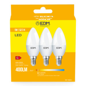 KIT 3 BOMBILLAS VELA LED E14 5W 400lm 3200K LUZ CALIDA Ø3,6x10cm EDM