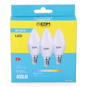 KIT 3 BOMBILLAS VELA LED E14 5W 400lm 6400K LUZ FRIA Ø3,6x10cm EDM