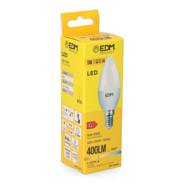 BOMBILLA VELA LED E14 5W 400lm 4000K LUZ DIA Ø3,5x10cm EDM