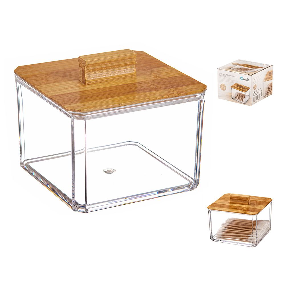 ORGANIZADOR PARA COSMETICOS CUADRADO CON TAPA DE BAMBU 8 cm