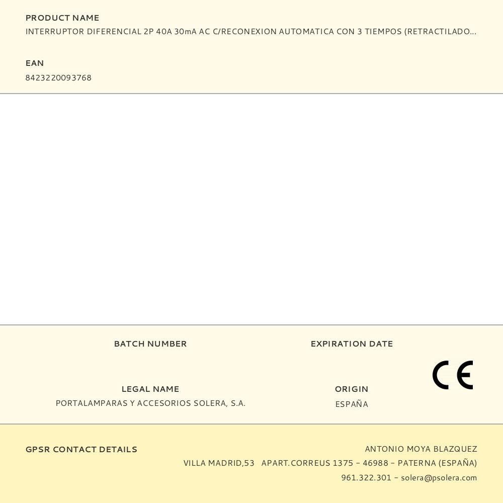 INTERRUPTOR DIFERENCIAL 2P 40A 30mA AC C/RECONEXION AUTOMATICA CON 3 TIEMPOS (RETRACTILADO) SOLERA CBRA2P4030A - Imagen 2