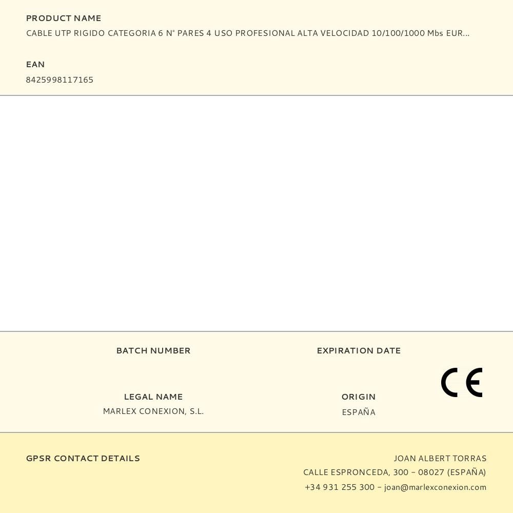 CABLE UTP RIGIDO CATEGORIA 6 N° PARES 4 USO PROFESIONAL ALTA VELOCIDAD 10/100/1000 Mbs EURO/m - Imagen 2