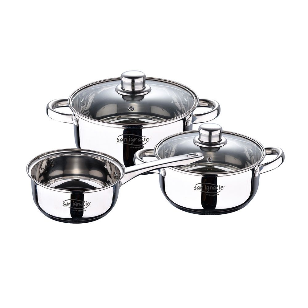 BATERIA 5 PIEZAS DE ACERO INOXIDABLE CASSEL: CAZO Ø16 cm / CACEROLA CON TAPA Ø18 cm / CACEROLA CON TAPA Ø20 cm