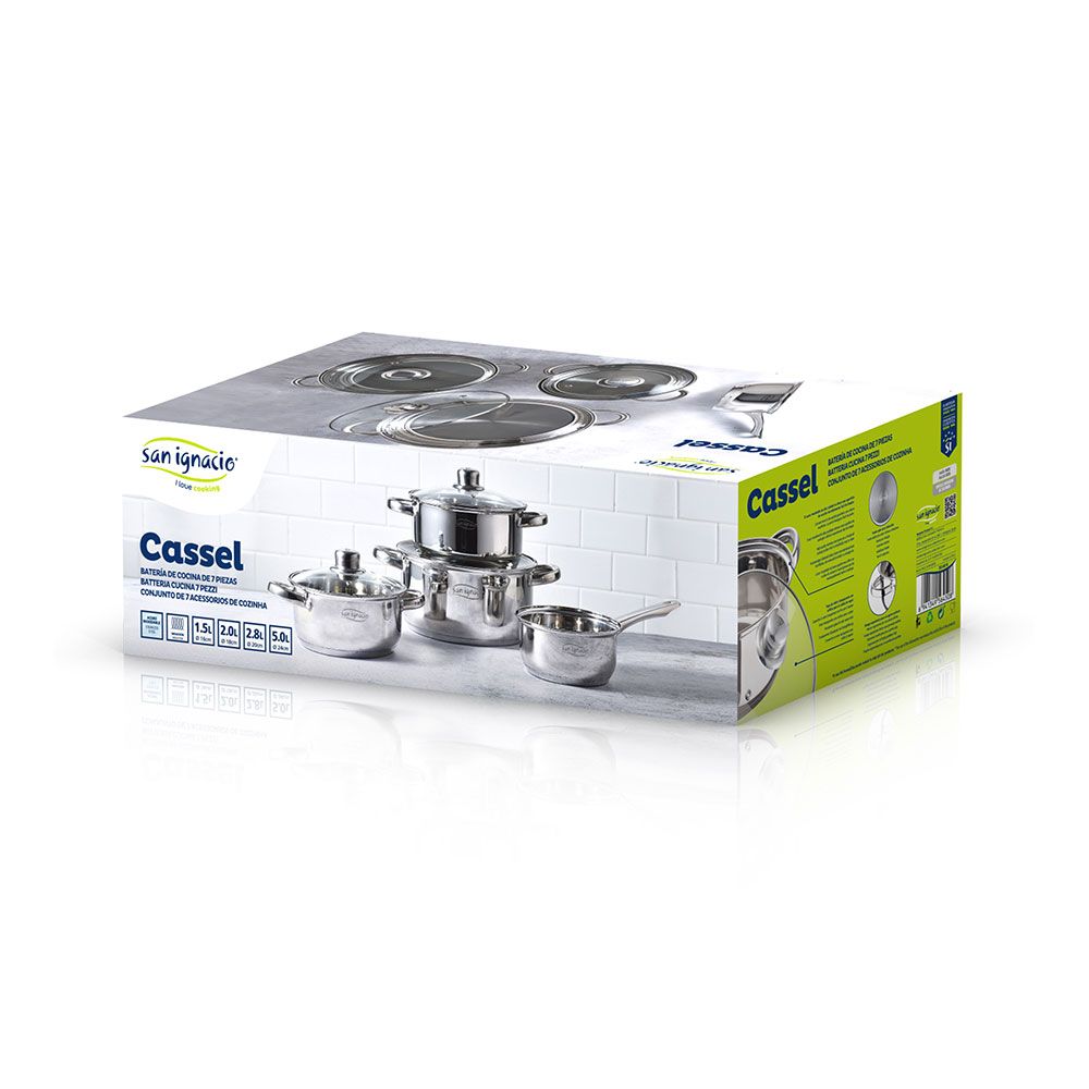 BATERIA 7 PIEZAS DE ACERO INOX IND CASSEL: CAZO Ø16 cm / CACEROLA CON TAPA Ø18 cm / CACEROLA CON TAPA Ø20 cm / CACEROLA CON TAPA Ø24 cm - Imagen 2
