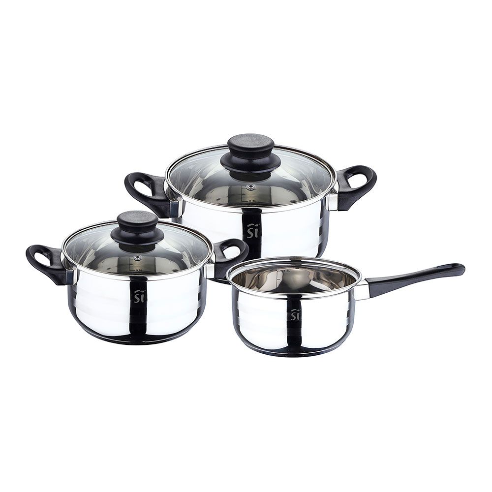 BATERIA 5 PIEZAS DE ACERO INOXIDABLE IND TOLEDO: CAZO Ø16 cm / CACEROLA CON TAPA Ø18 cm / CACEROLA CON TAPA Ø20 cm