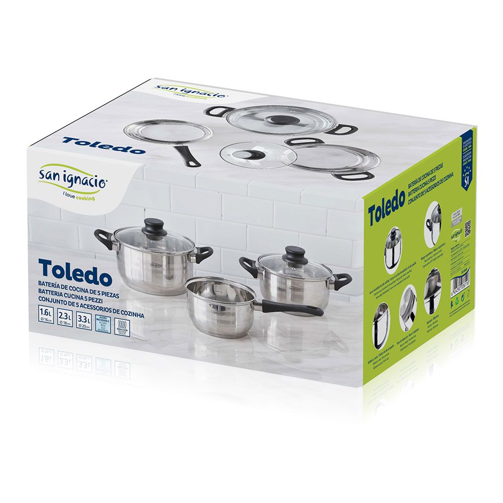 BATERIA 5 PIEZAS DE ACERO INOXIDABLE IND TOLEDO: CAZO Ø16 cm / CACEROLA CON TAPA Ø18 cm / CACEROLA CON TAPA Ø20 cm - Imagen 6