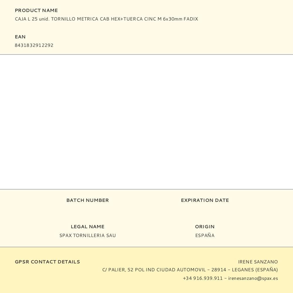 CAJA L 25 unid. TORNILLO METRICA CAB HEX+TUERCA CINC M 6x30mm FADIX - Imagen 3