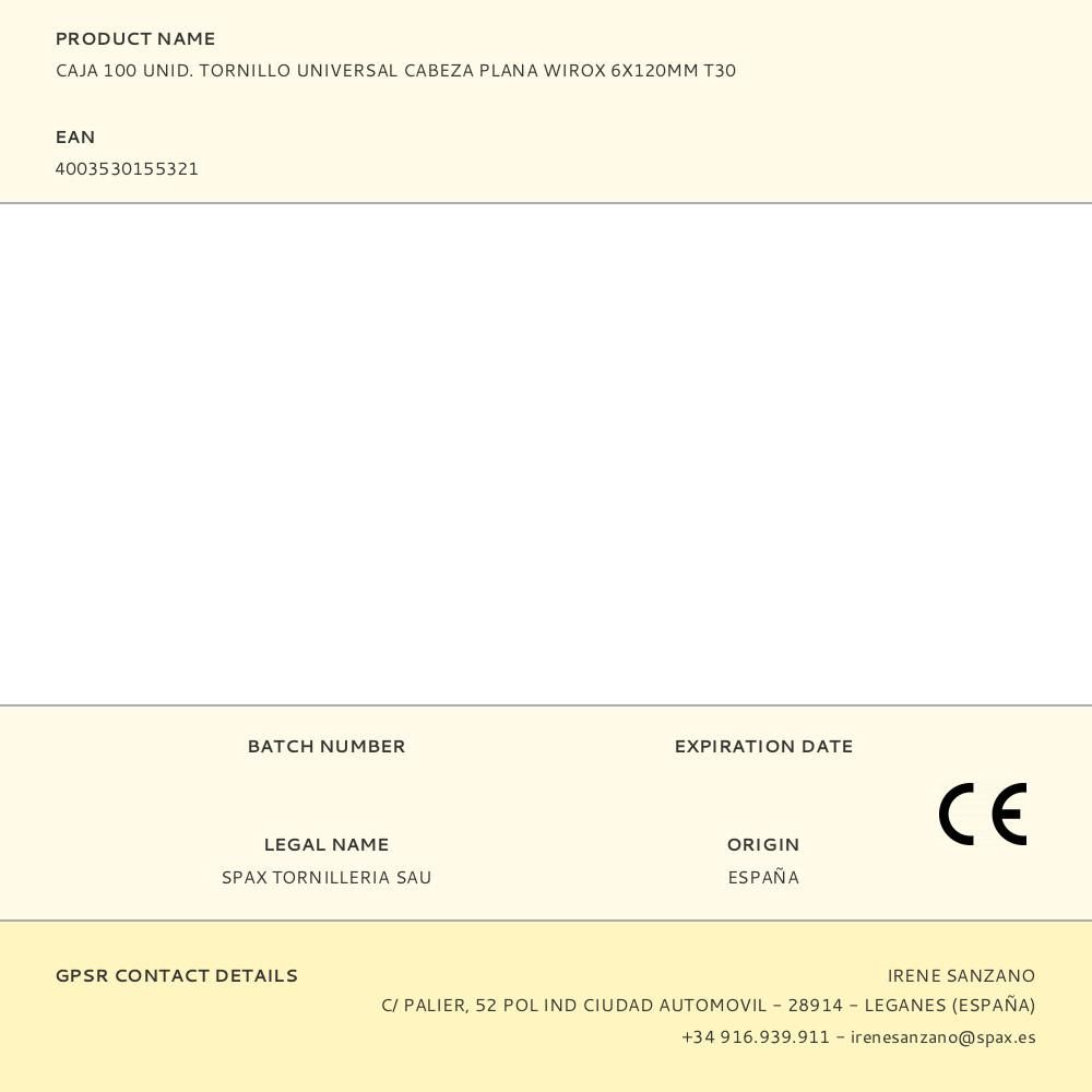 CAJA 100 UNID. TORNILLO UNIVERSAL CABEZA PLANA WIROX 6X120MM T30 - Imagen 2