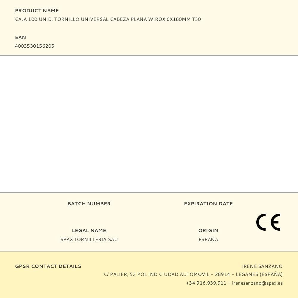CAJA 100 UNID. TORNILLO UNIVERSAL CABEZA PLANA WIROX 6X180MM T30 - Imagen 2