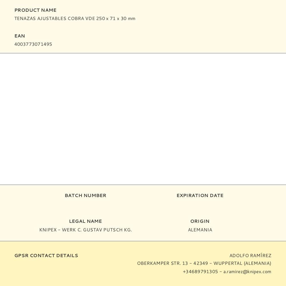 TENAZAS AJUSTABLES COBRA® VDE 250 x 71 x 30 mm - Imagen 6