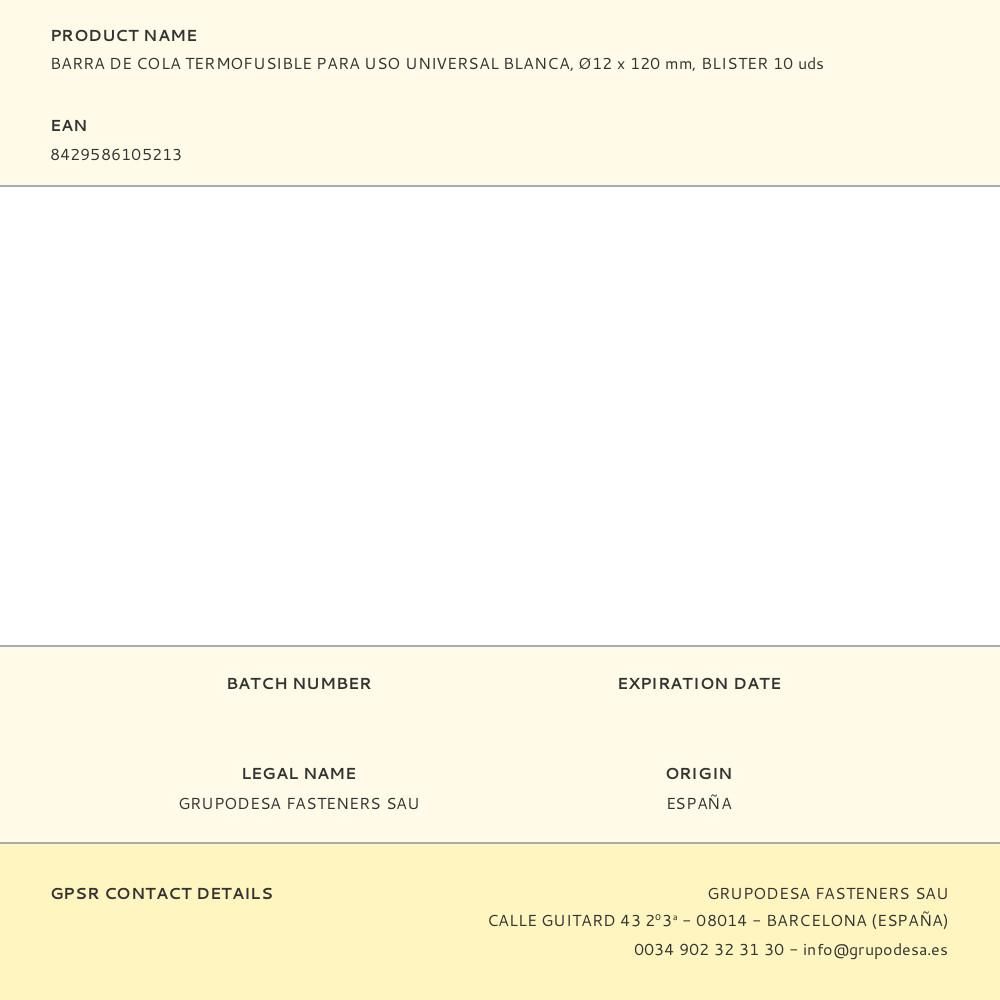 BARRA DE COLA TERMOFUSIBLE PARA USO UNIVERSAL BLANCA, Ø12 x 120 mm, BLISTER 10 uds - Imagen 3