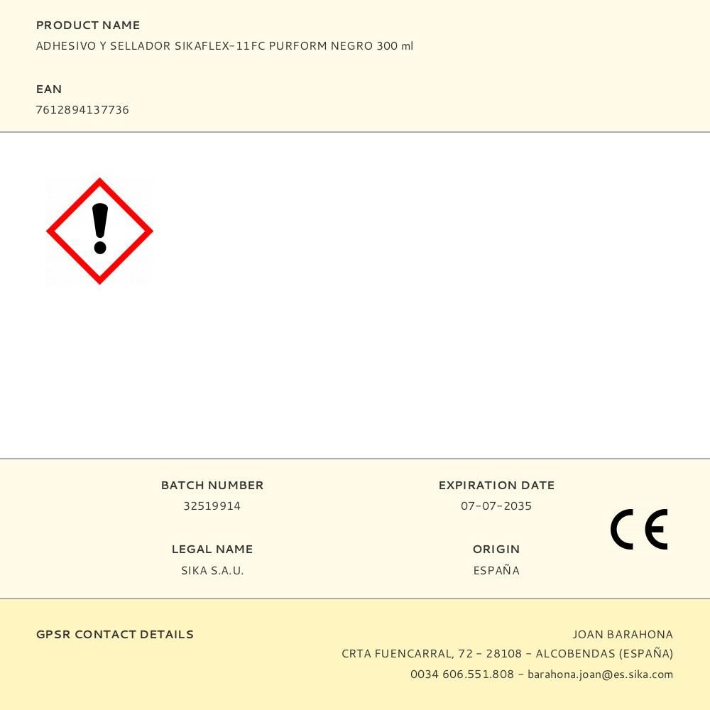 ADHESIVO Y SELLADOR SIKAFLEX-11FC PURFORM NEGRO 300 ml - Imagen 2