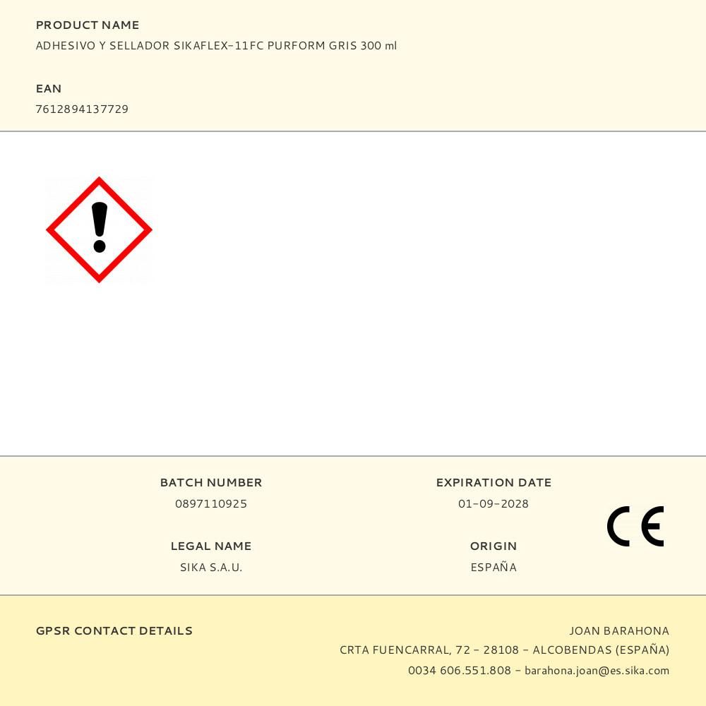 ADHESIVO Y SELLADOR SIKAFLEX-11FC PURFORM GRIS 300 ml - Imagen 2