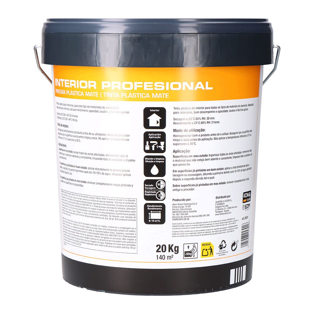 PINTURA PLÁSTICA VINÍLICA INTERIOR BLANCO MATE 20 Kg - Imagen 2