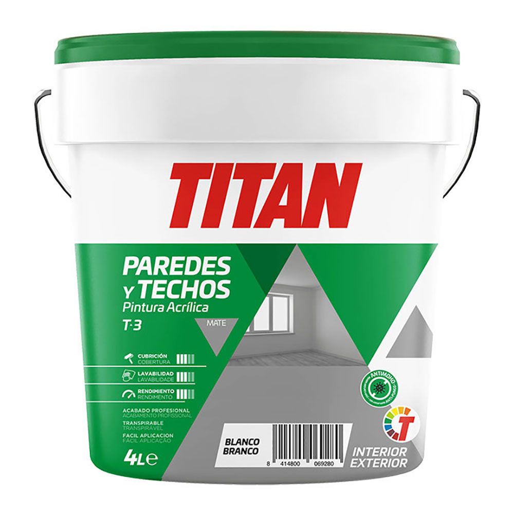PINTURA PLÁSTICA ACRÍLICA ESTIRENADA INTERIOR/EXTERIOR, ANTIMOHO T-3, BLANCO MATE, 4 L