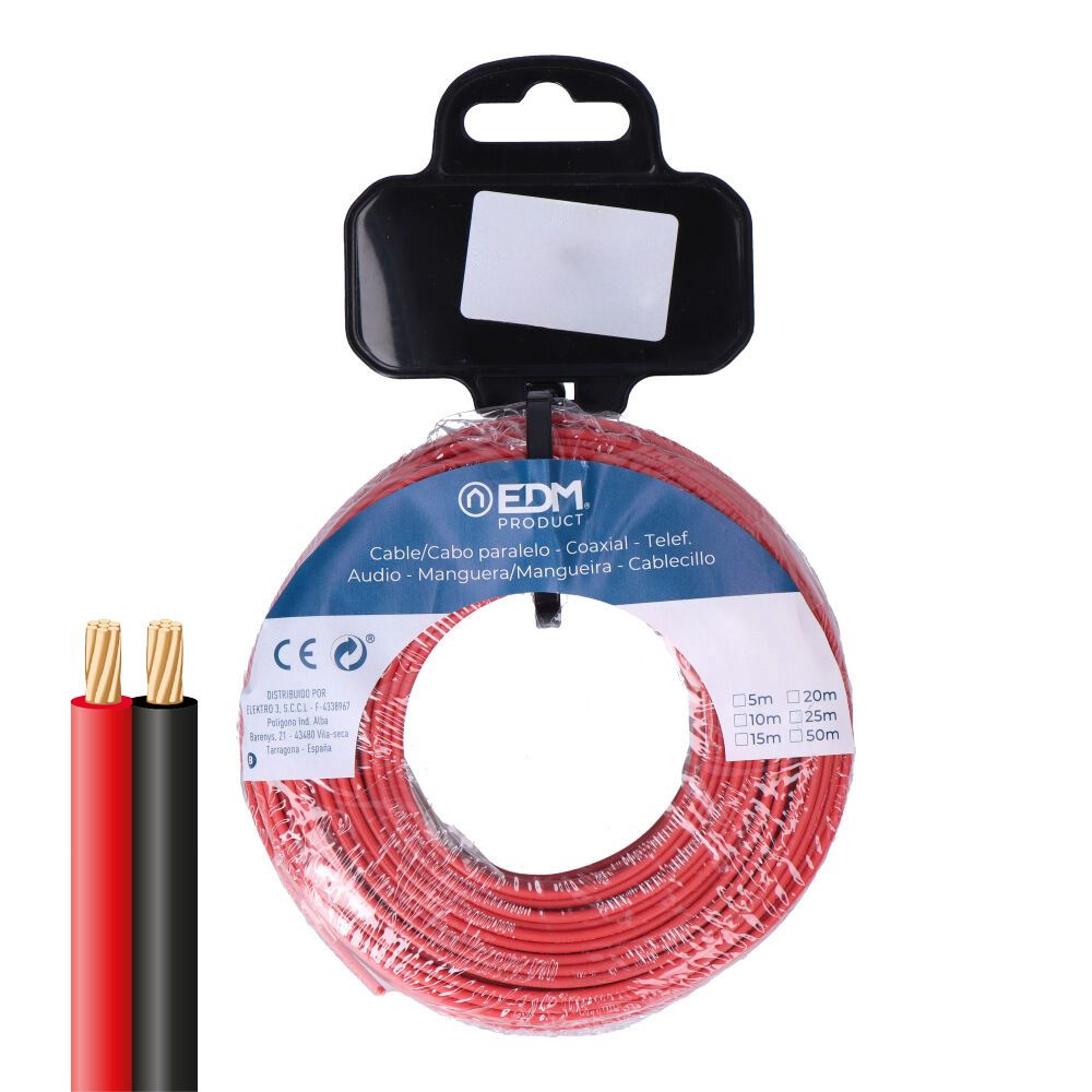 CARRETE CABLE PARALELO 2x1mm ROJO/NEGRO 15m.