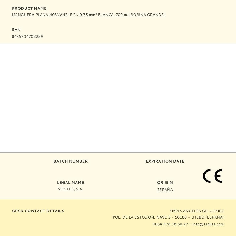 MANGUERA PLANA H03VVH2-F 2 x 0,75 mm² BLANCA, 700 m. (BOBINA GRANDE) - Imagen 2