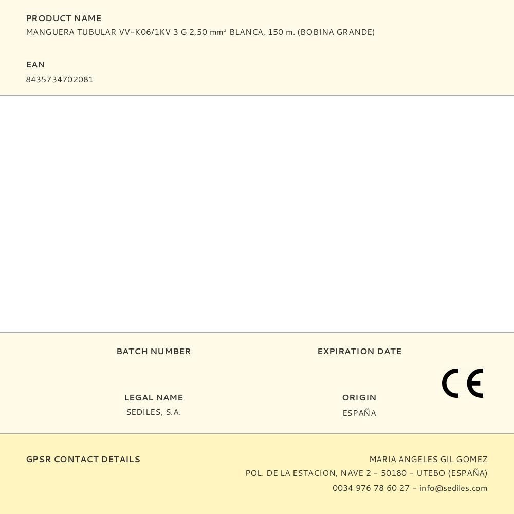 MANGUERA TUBULAR VV-K06/1KV 3 G 2,50 mm² BLANCA, 150 m. (BOBINA GRANDE) - Imagen 2