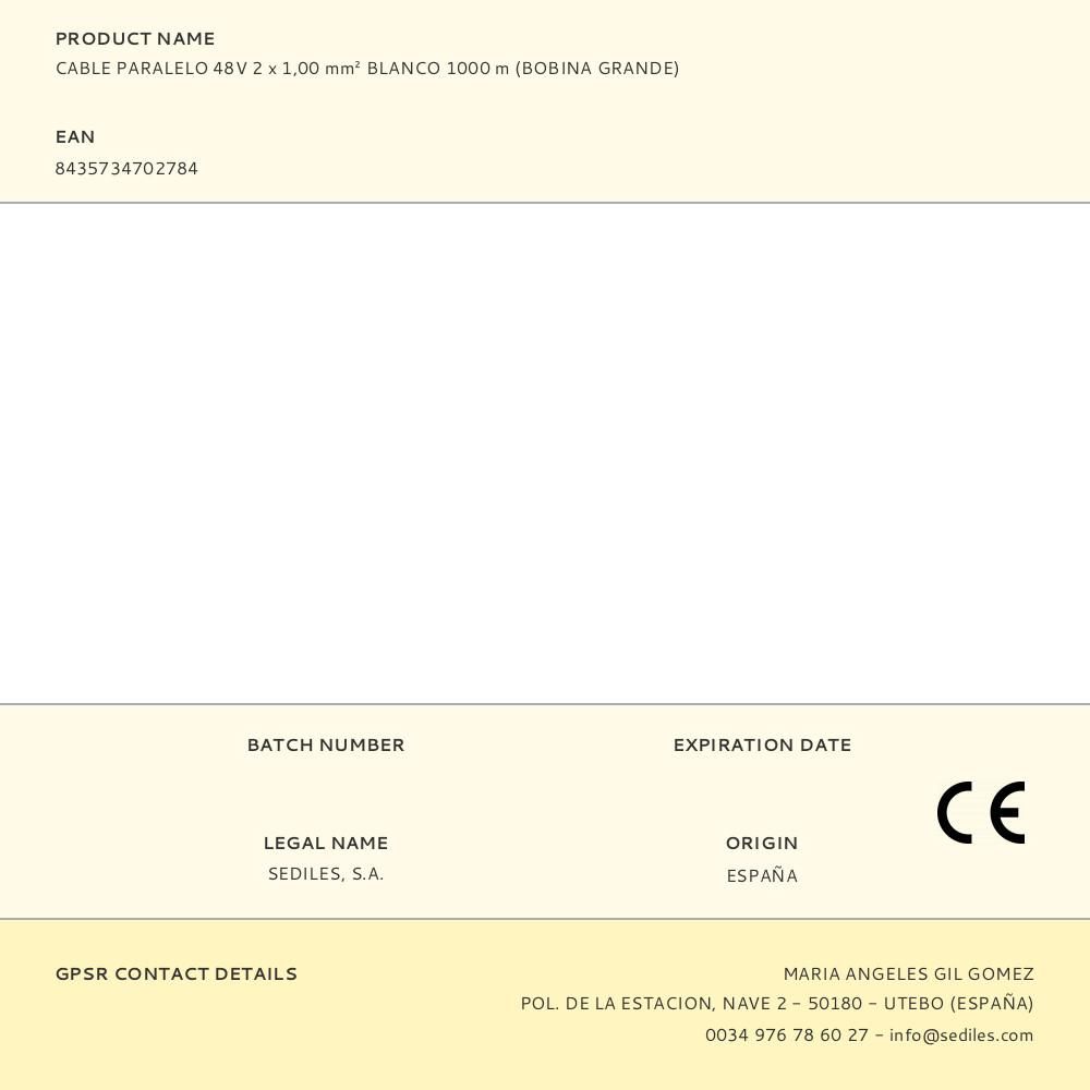 CABLE PARALELO 48V 2 x 1,00 mm² BLANCO 1000 m (BOBINA GRANDE) - Imagen 2