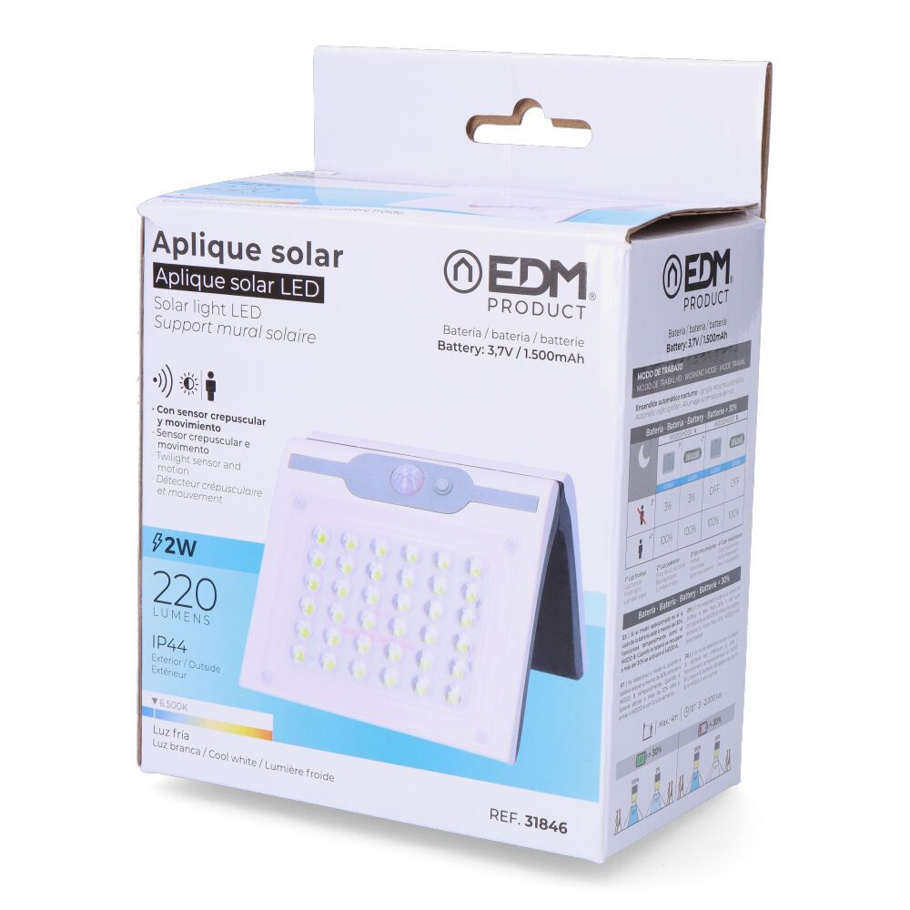APLIQUE SOLAR 2W 220Lm 6.500K CON SENSOR COLOR BLANCO EDM - Imagen 5