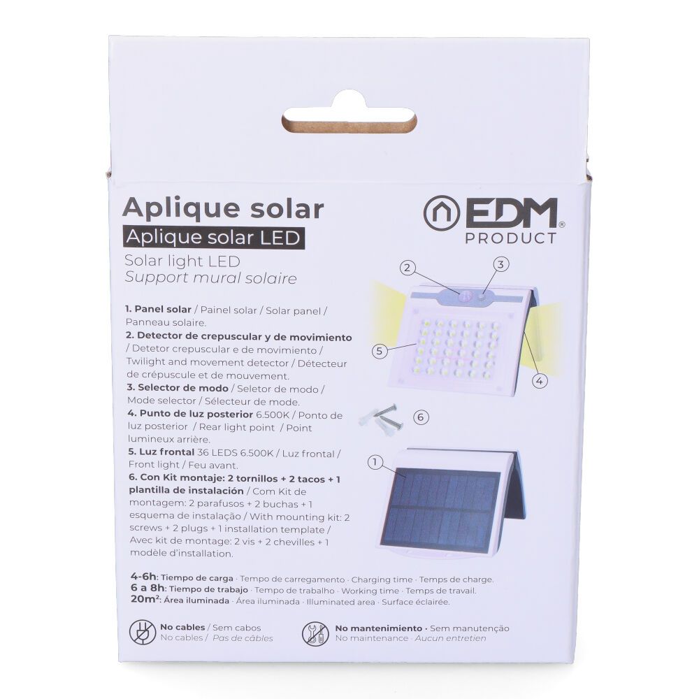APLIQUE SOLAR 2W 220Lm 6.500K CON SENSOR COLOR BLANCO EDM - Imagen 7