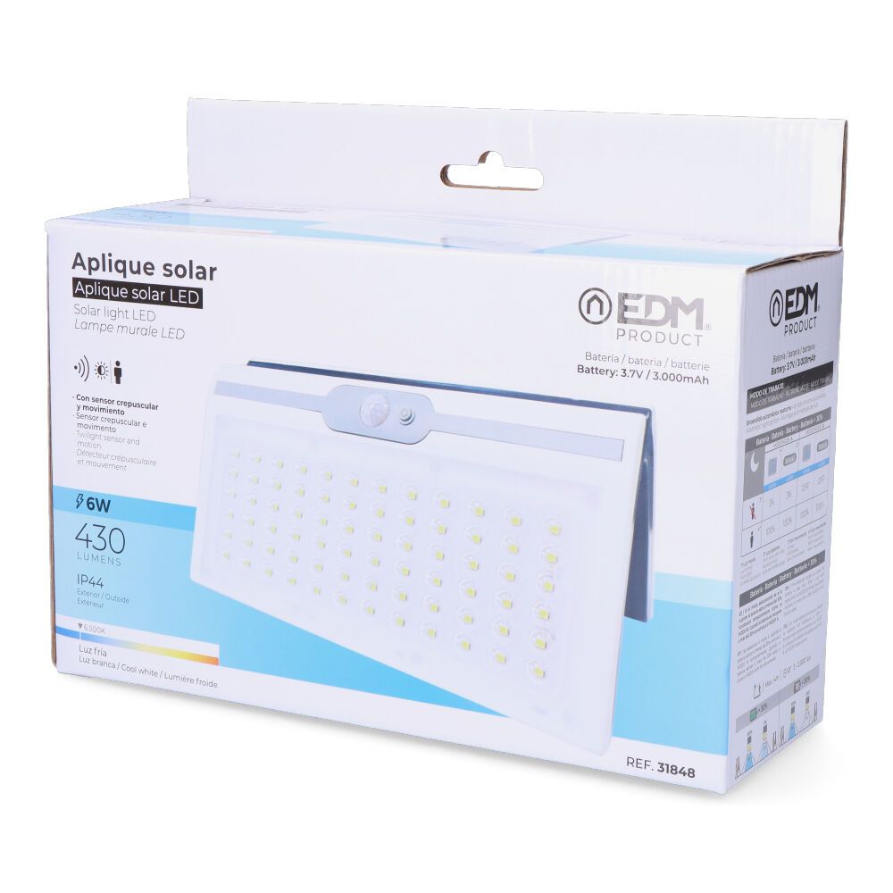 APLIQUE SOLAR 6W 430Lm 6.500K CON SENSOR, COLOR BLANCO - Imagen 5