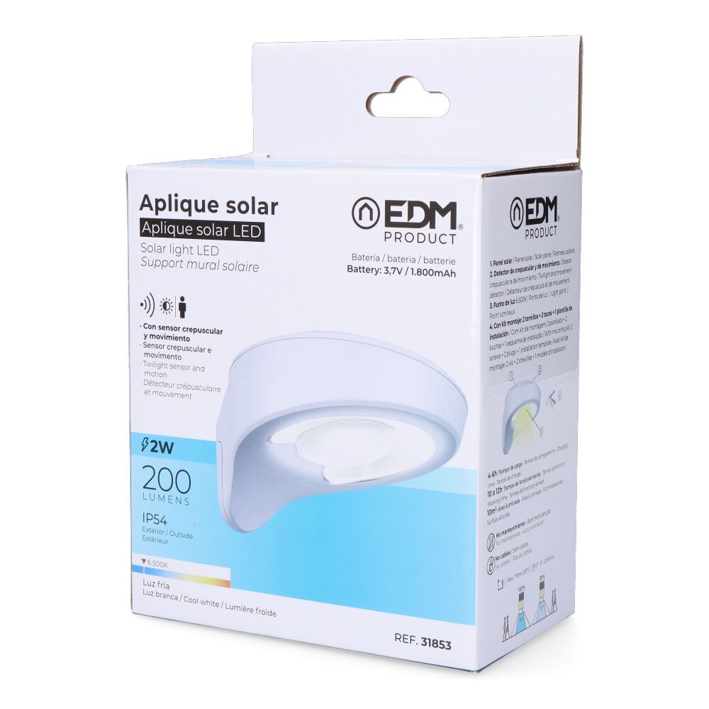 APLIQUE SOLAR 2W 200lm 6500K CON SENSOR COLOR BLANCO EDM - Imagen 5