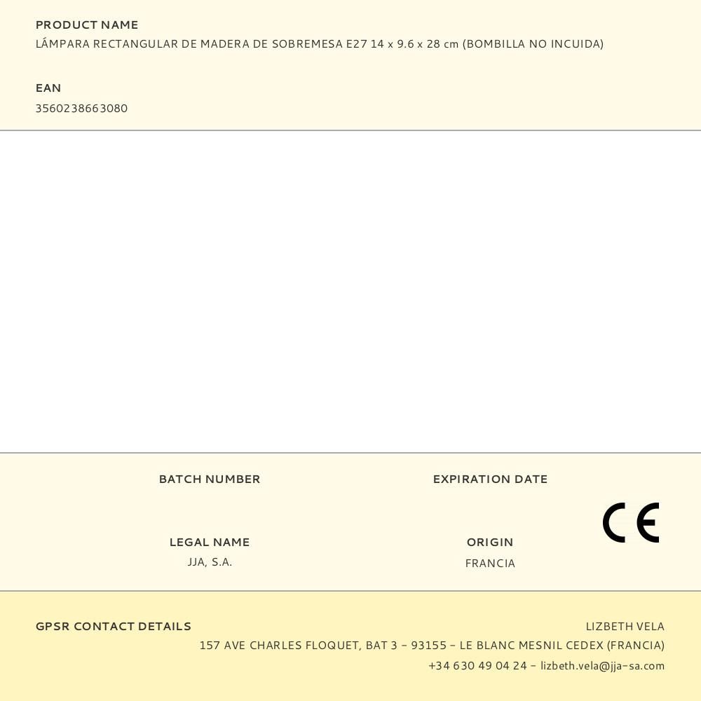 LÁMPARA RECTANGULAR DE MADERA DE SOBREMESA E27 14 x 9.6 x 28 cm (BOMBILLA NO INCUIDA) - Imagen 2