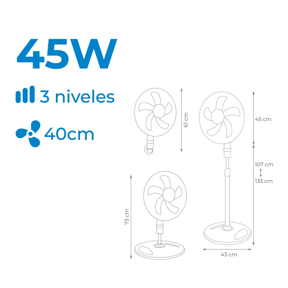 VENTILADOR 3 EN 1, BLANCO, POTENCIA 45 W, ASPAS Ø40 cm, ALTURA REGULABLE 107-133 cm - Imagen 8