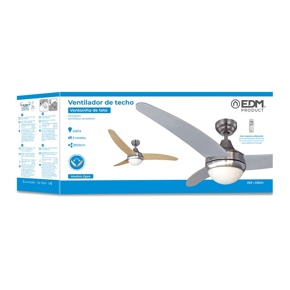 VENTILADOR DE TECHO MODELO EGEO. COLOR CROMADO POTENCIA: 60W ASPAS: Ø122cm CON MANDO A DISTANCIA EDM - Imagen 4