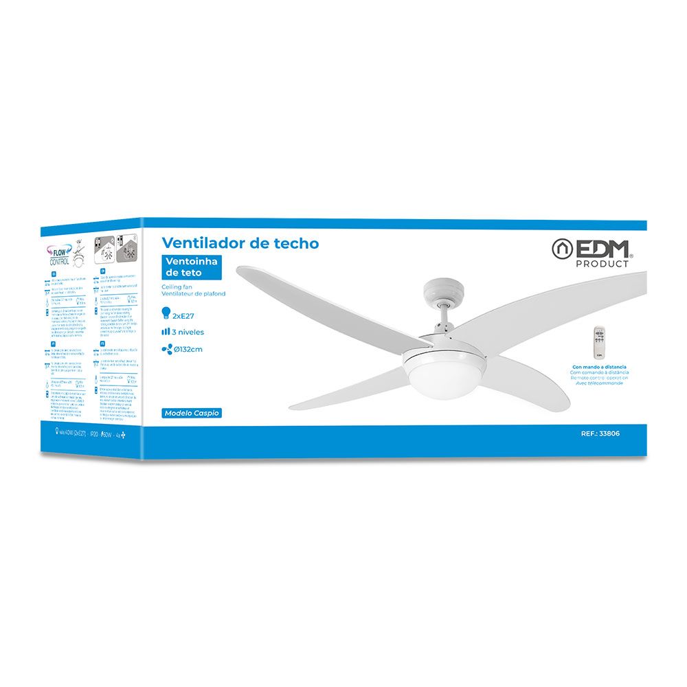 VENTILADOR DE TECHO MODELO CASPIO. COLOR BLANCO. POTENCIA: 60W ASPAS: Ø132cm CON MANDO A DISTANCIA EDM - Imagen 4