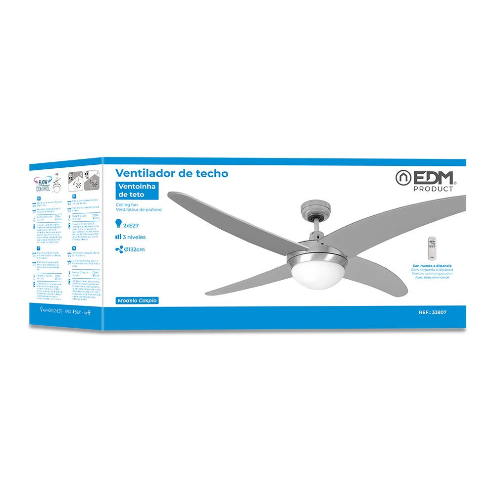 VENTILADOR DE TECHO MODELO CASPIO. COLOR PLATEADO/NIQUEL. POTENCIA: 60W ASPAS: Ø132cm CON MANDO A DISTANCIA EDM - Imagen 4
