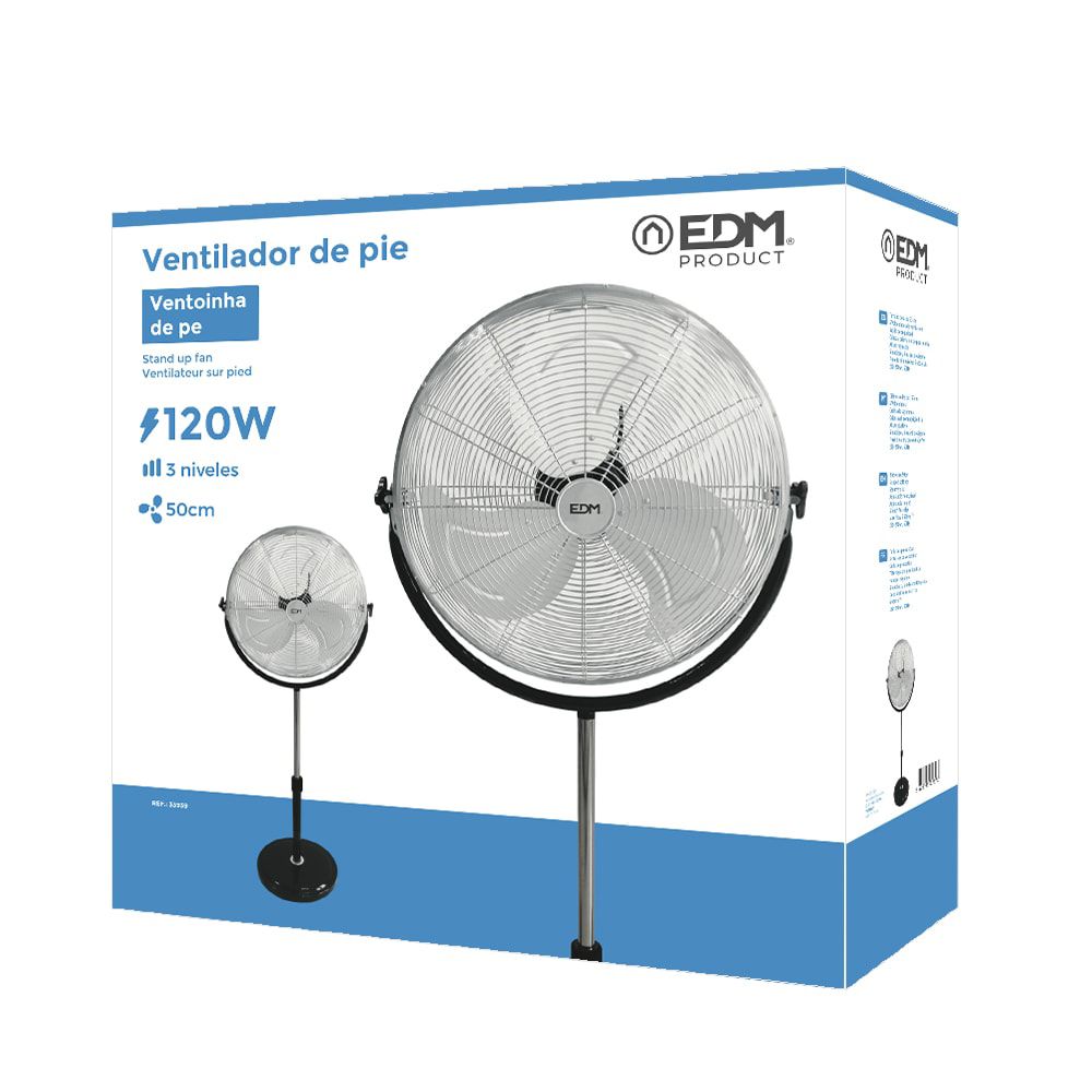VENTILADOR DE PIE INDUSTRIAL BASE CIRCULAR, CROMADO/NEGRO, POTENCIA 120 W, 64,9 dB, ASPAS Ø50 cm, ALTURA REGULABLE 118-148 cm - Imagen 3