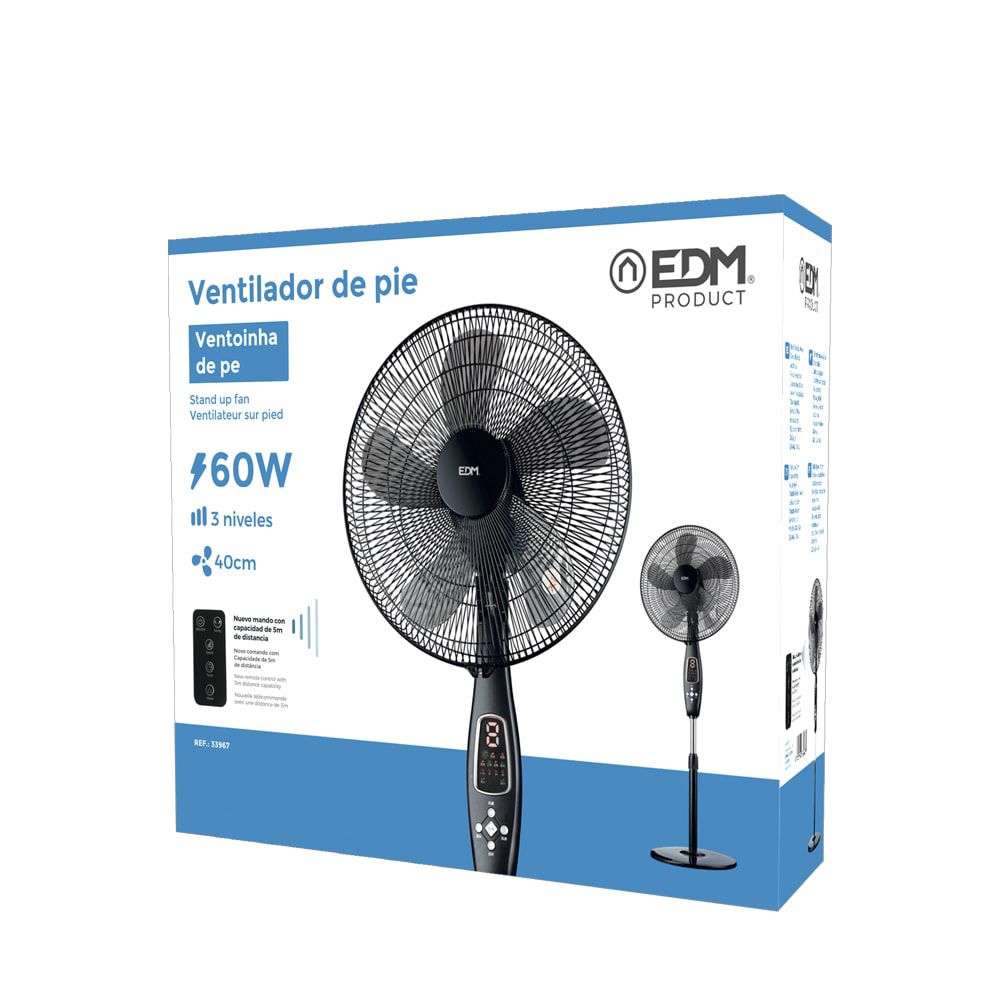 VENTILADOR DE PIE MANDO A DISTANCIA, NEGRO, POTENCIA 60 W, 62,9 dB, ASPAS Ø40 cm, ALTURA REGULABLE 110-130 cm - Imagen 3