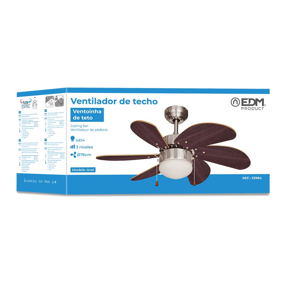 VENTILADOR DE TECHO MODELO ARAL. COLOR WENGUE/NIQUEL SATINADO. POTENCIA: 50W ASPAS: Ø76cm EDM - Imagen 4