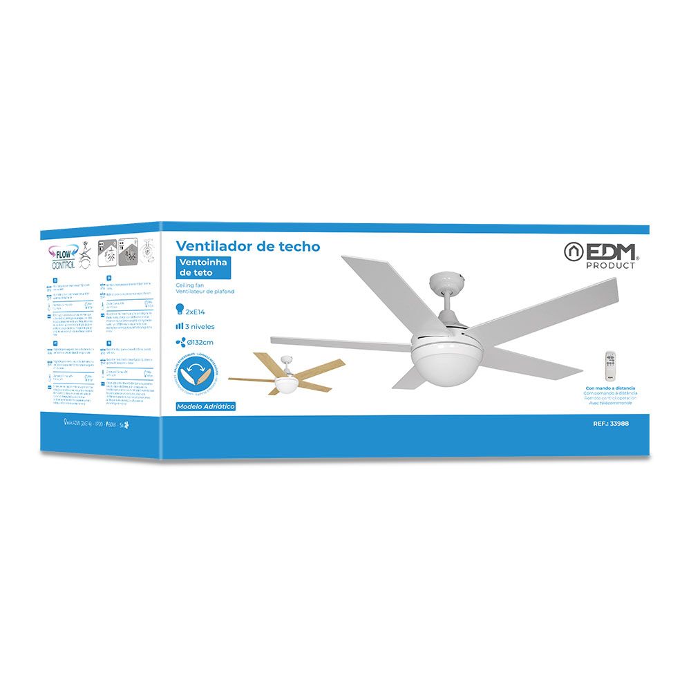 VENTILADOR DE TECHO MODELO ADRIATICO. COLOR BLANCO. POTENCIA: 60W ASPAS: Ø132cm CON MANDO A DISTANCIA EDM - Imagen 4