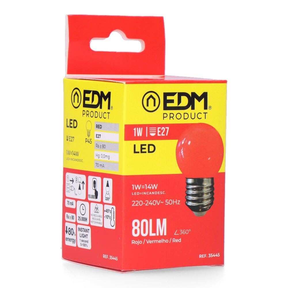 BOMBILLA ESFERICA LED E27 1 w 80 lm LUZ ROJA Ø45 x 69 mm - Imagen 3