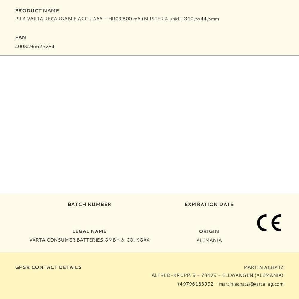 PILA VARTA RECARGABLE ACCU AAA - HR03 800 mA (BLISTER 4 unid.) Ø10,5x44,5mm - Imagen 2
