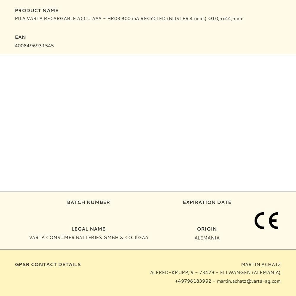 PILA VARTA RECARGABLE ACCU AAA - HR03 800 mA RECYCLED (BLISTER 4 unid.) Ø10,5x44,5mm - Imagen 2