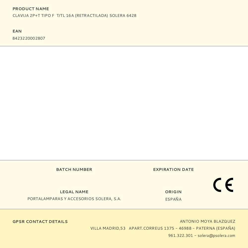 CLAVIJA 2P+T TIPO F T/TL 16A (RETRACTILADA) SOLERA 6428 - Imagen 2