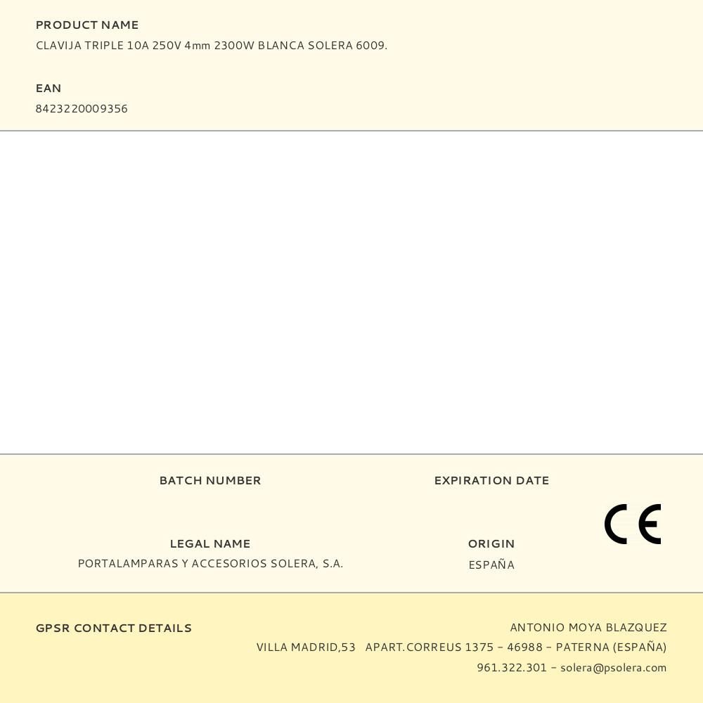 CLAVIJA TRIPLE 10A 250V 4mm 2300W BLANCA SOLERA 6009. - Imagen 2