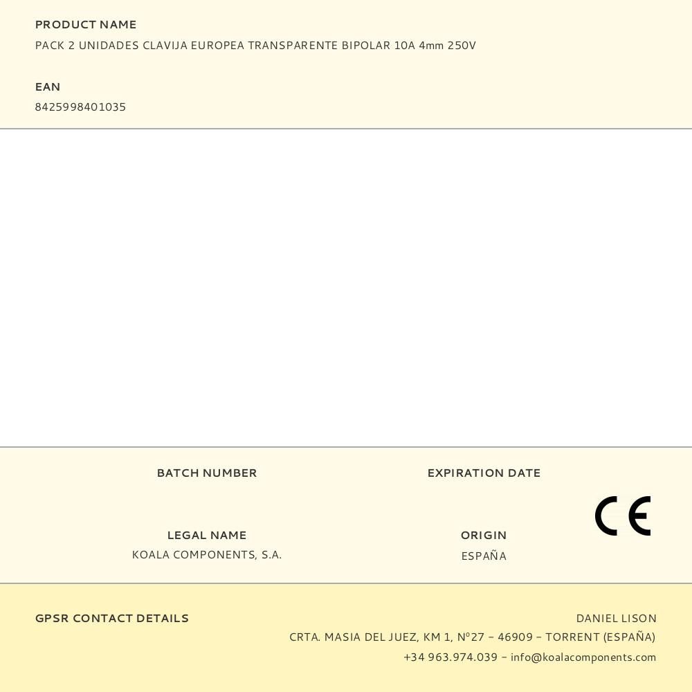 PACK 2 UNIDADES CLAVIJA EUROPEA TRANSPARENTE BIPOLAR 10A 4mm 250V - Imagen 2