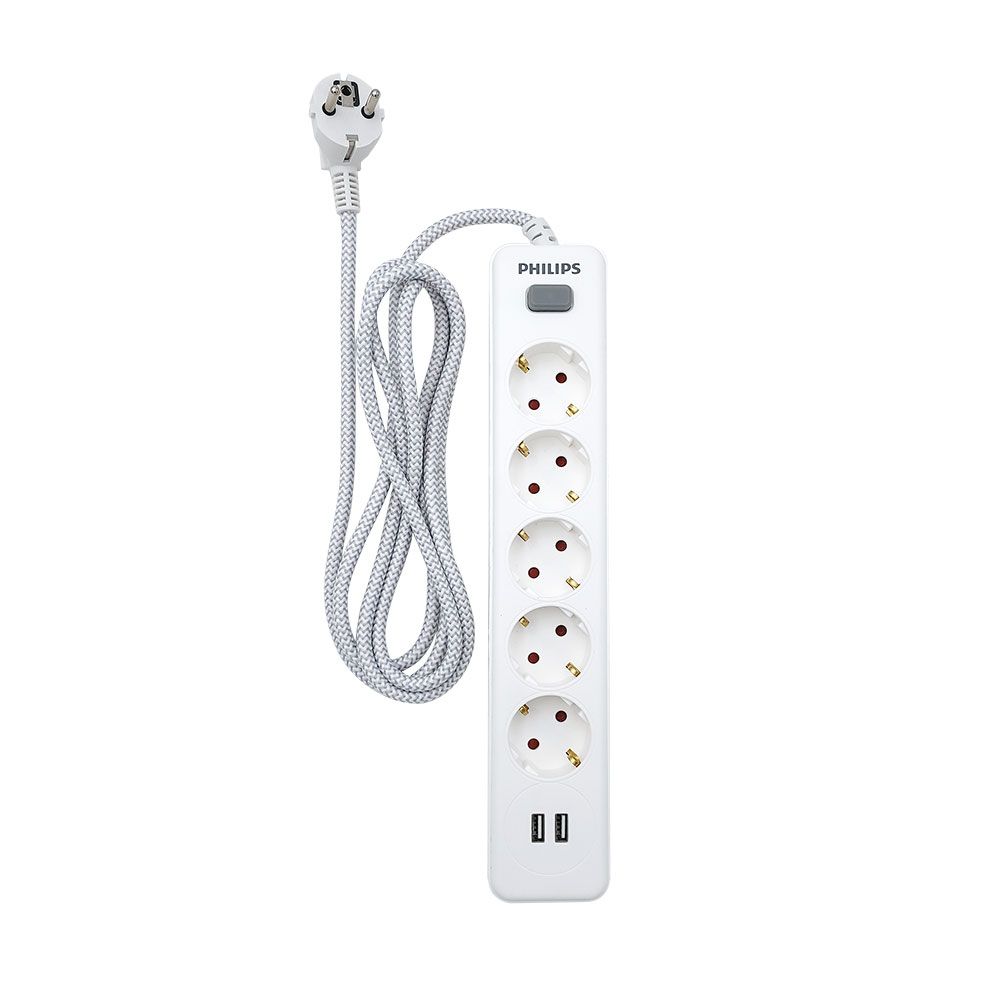 BASE MÚLTIPLE 5 TOMAS SCHUKO, CON INTERRUPTOR + 2 USB A, 2 m CABLE, 16A 230V~, BLANCA - Imagen 2