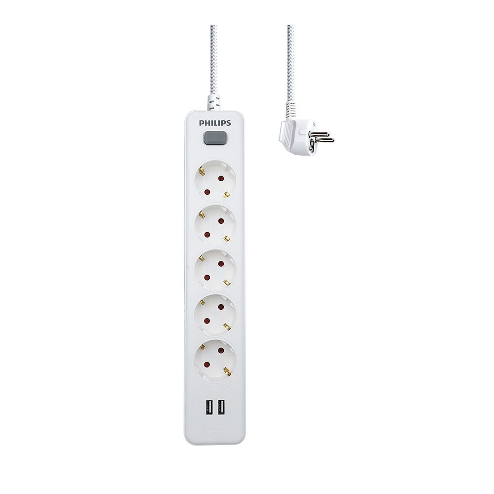 BASE MÚLTIPLE 5 TOMAS SCHUKO, CON INTERRUPTOR + 2 USB A, 2 m CABLE, 16A 230V~, BLANCA - Imagen 3
